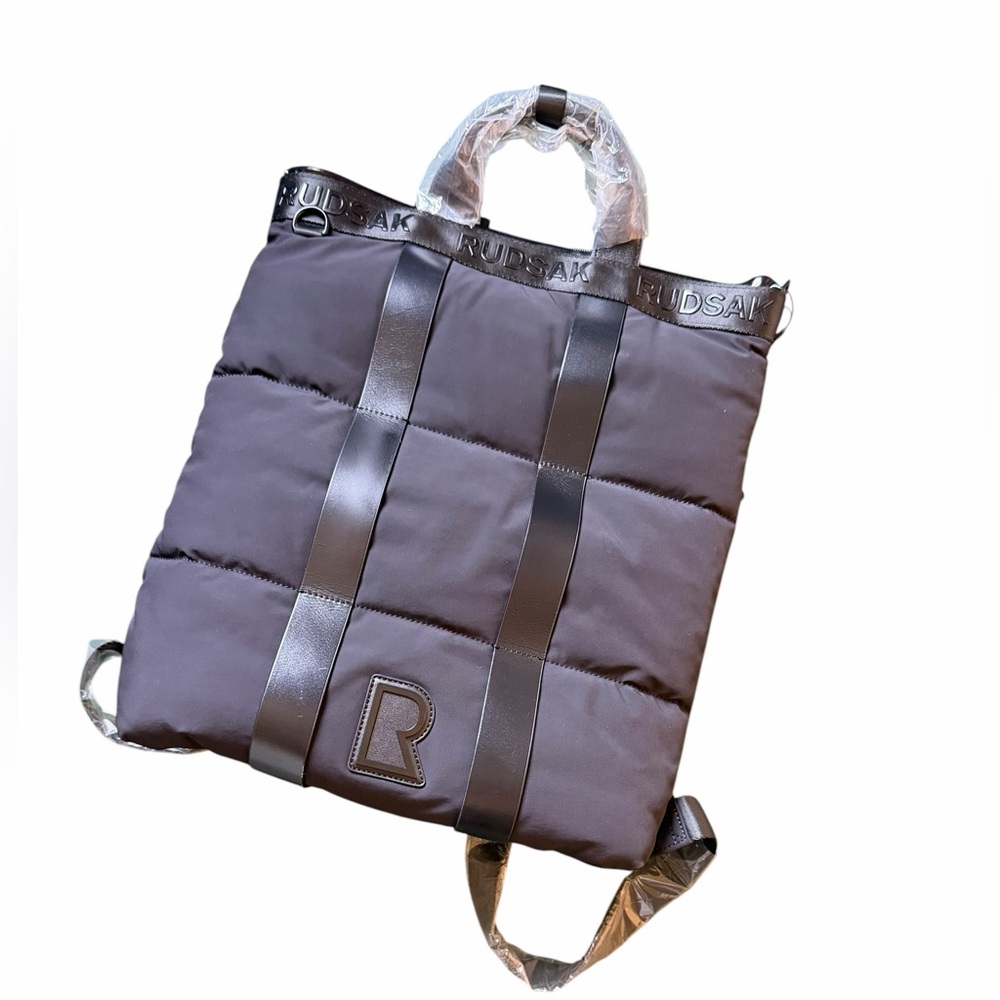RUDSAK Black Quilted Puffer Logo Strap Backpack Minimalist Heirloom Luxury NWT - Picture 6 of 9
